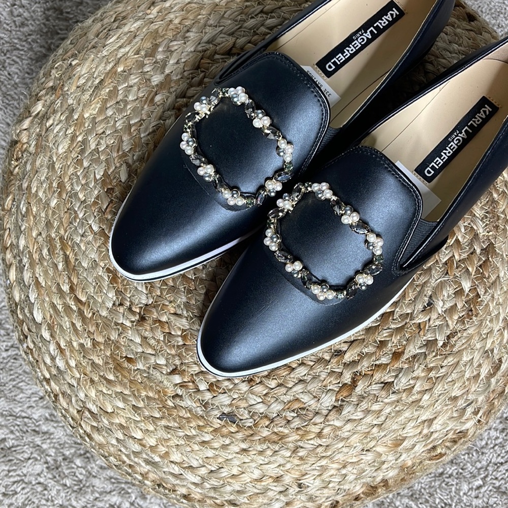 Karl Lagerfeld Black Loafers with Pearl Embellishment